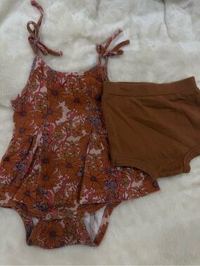 Kate Quinn Floral Tie-Shoulder Baby One-Piece with Brown Bloomer